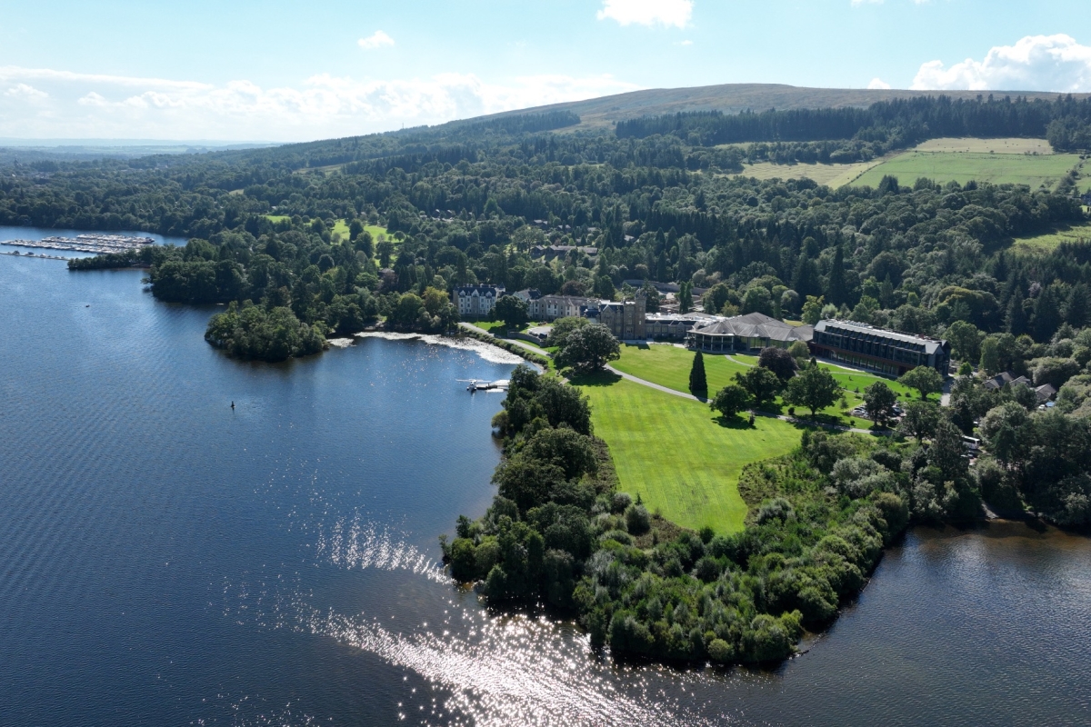Aerial view of Loch Lomond with Cameron House in the background