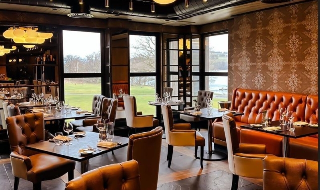 dining room with brown tables and chairs and bright lighting fixtures