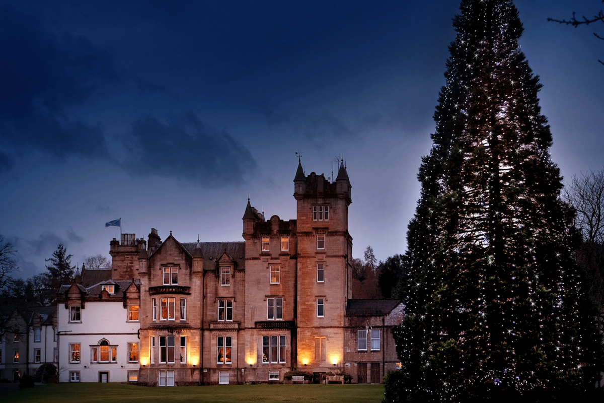 castle like building with a large christmas tree decorated outside