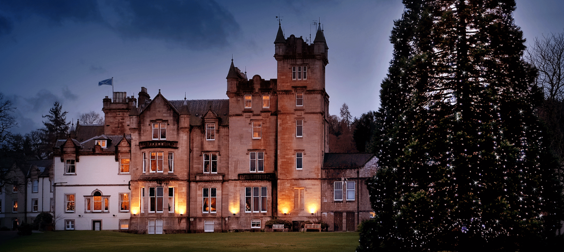 castle like building with a large christmas tree decorated outside