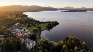 An aerial view of Cameron House with Loch Lomond in the background