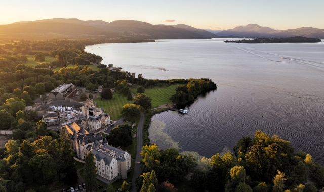 An aerial view of Cameron House with Loch Lomond in the background