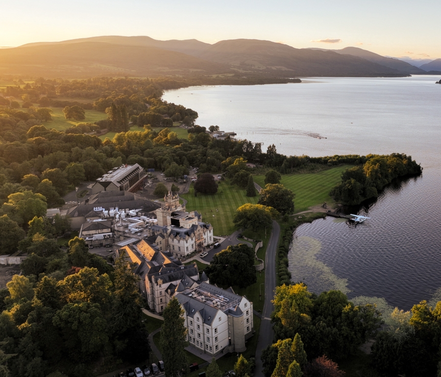 An aerial view of Cameron House with Loch Lomond in the background