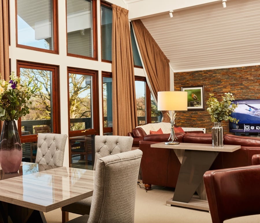 A modern seating area with a dining table and chairs.