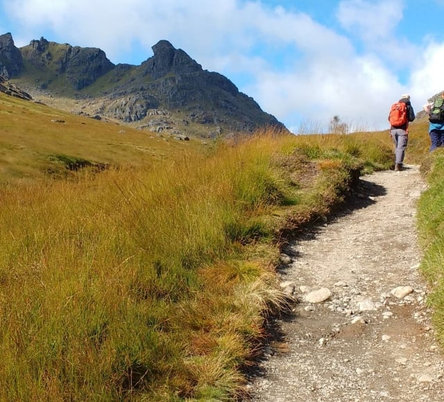 Two hikers walking on a path in nature